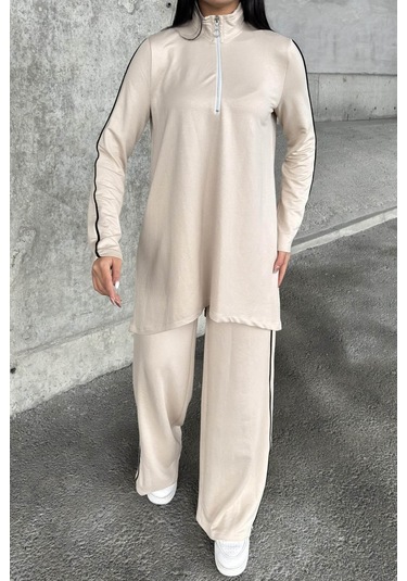 Taş Asimetrik Kesim, Fermuarlı Bluz & Bol Paça Pantolon - Viskon İki İplik Kumaş Alt & Üst Takım Taş