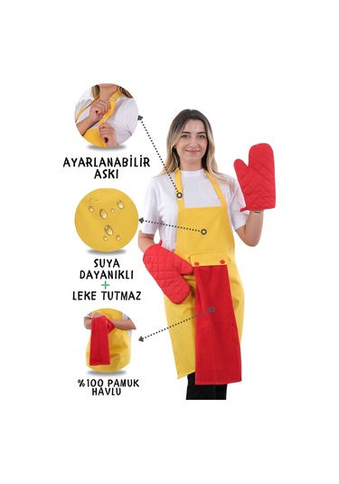 Star Ayar Askılı Havlulu 4lü Mutfak Önlüğü Seti 2 Eldiven Sarı-kırmızı-kırmızı