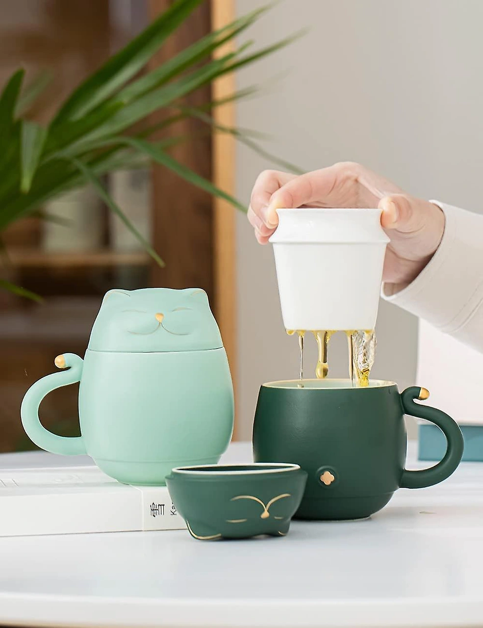 Sevimli Kedi Filtreli Çay Kupası Şanslı Kedi Kapaklı Kahve Kupası Kedi Severler İçin Seramik Kupa 300 Ml Nane Yeşili Diğer