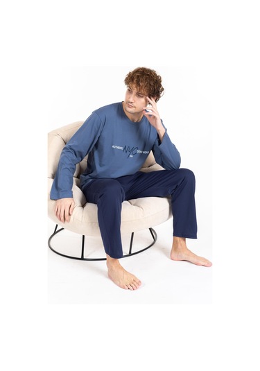 Erkek Penye Pamuk Regular Kalıp Sıfır Yaka Kaliteli Pijama Takımı A803123-mavi Mavi