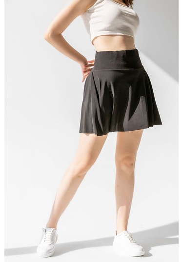 Beyaz Yüksek Bel Cepli Toparlayıcı Şort Etek Siyah