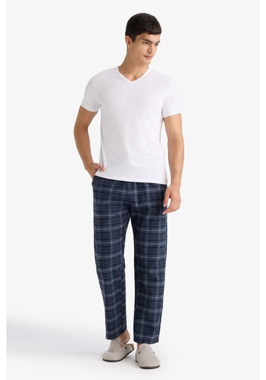 Defacto Regular Fit Beli Bağcıklı Cepli Uzun Boy Kareli Pijama Altı C6118ax25wnın247 İndigo