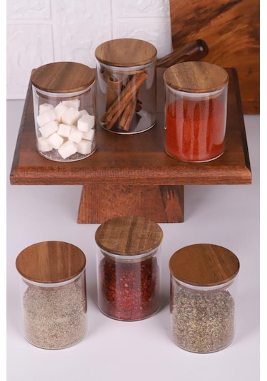 Akasya Kapaklı Borosilikat Cam Baharatlık Saklama Kavanozu 200 Ml 6'lı Ahşap - Şeffaf