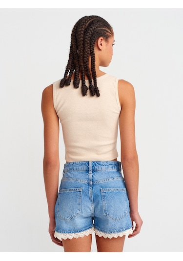 Dilvin 20983 Düğmeli Kare Yaka Top-bej Melanj Bej Melanj