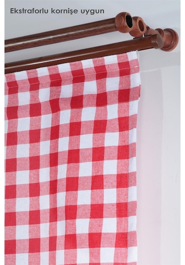 Naturel Potlu Ekose Tül Perde Retro Kırmızı