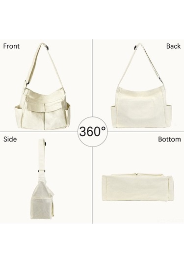 Xianwen Büyük Tuval Messenger Çantası Çok Cepli Hobo Çapraz Beyaz