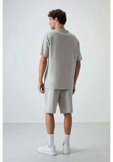 Taş Pamuklu Kalın Yumuşak Dokulu Oversize Fit Nakışlı Erkek Şort Takım - 85250