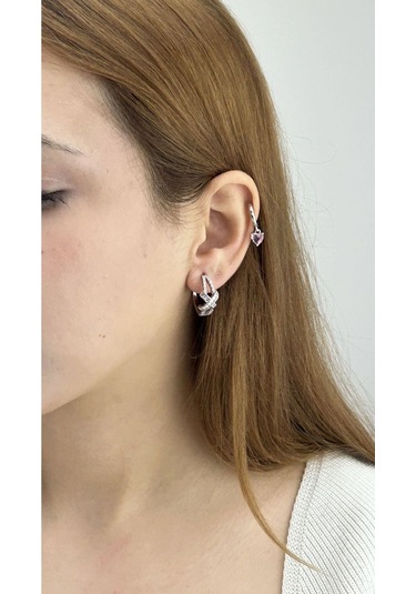 Zirkon Taşlı, Çapraz Model Çelik Küpe 626, Gümüş Renk Gümüş