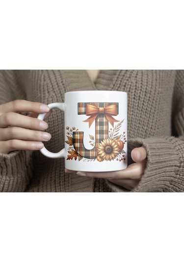 J Harfi Ekose Ve Sonbahar Temalı Kupa Bardak - Kişiye Özel Sıcak Tonlar Alfabe Kupa - Hediye Beyaz