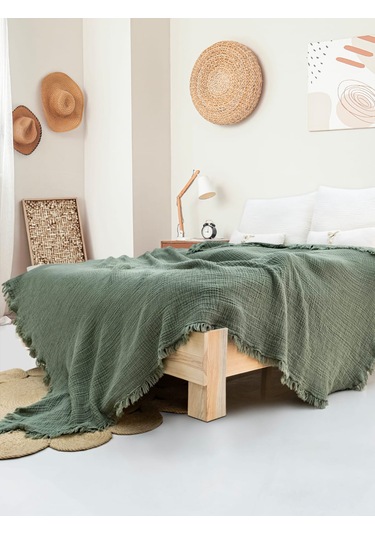4 Katlı Müslin Yatak Örtüsü - Yeşil Renk Çift Kişilik Pike Yeşil