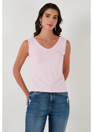 Lela Kalın Askılı V Yaka Bayan Bluz 5864384 Toz Pembe