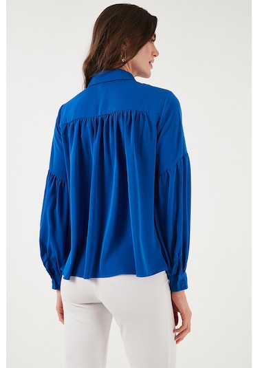 Lela Regular Fit Dikiş Detaylı Düz Yaka Balon Kol Bayan Gömlek 611Go00003 Saks