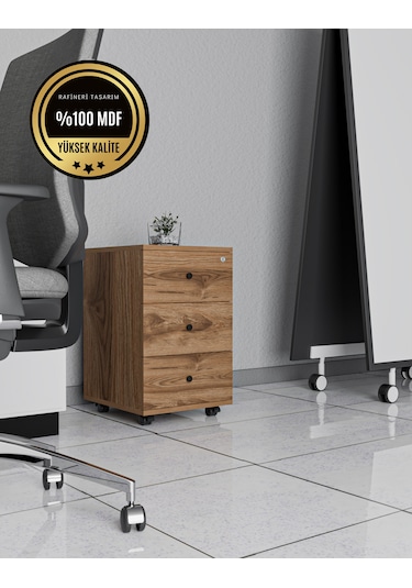 Keson Rafineri Çekmeceli Merkezi Kilit Ofis Dolabı Mdf Ceviz