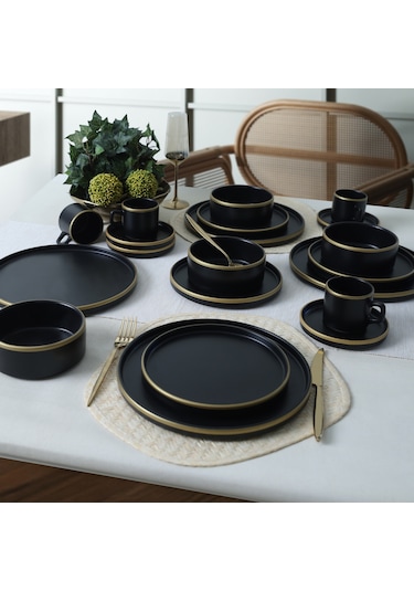 Keramika Mat Siyah Gold Fileli Stackable Yemek / Kahvaltı Takımı 20 Parça 4 Kişilik