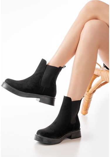 02-2137 Siyah Süet Lastikli Günlük Kadın Bot Siyah