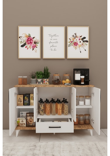 Nedudo Kahve Köşesi Çok Amaçlı Dolap 4 Kapaklı 1 Çekmeceli Kiler Mutfak Dolabı Beyaz Atlantik Beyaz - Atlantik Çam