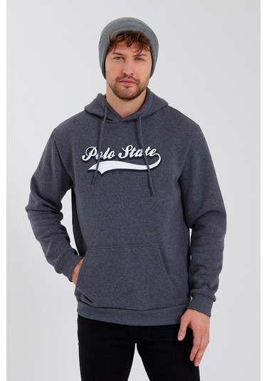 Erkek Baskılı Kapüşonlu 3 İplik Sweatshirt Antrasit