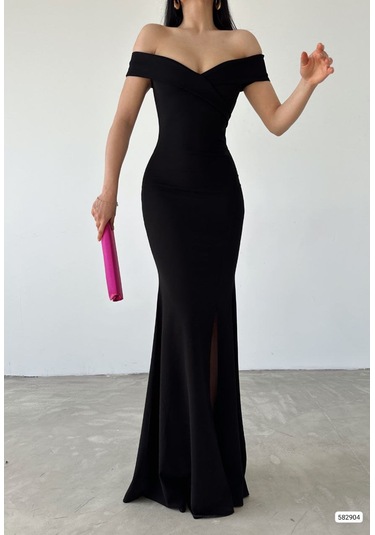 Kadın Kayık Yaka Dekolteli Kolsuz Dalgıç Elbise Siyah