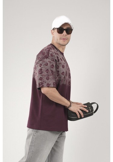 King-Brich Oversize Kalıp Logo Baskılı Bisiklet Yaka Basic Tişört Bordo