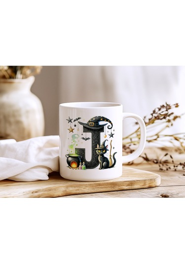 J Harfli Halloween Kedili Figür Kupa Bardak - Şapkalı Ve Kazanlı İsme Özel Kupa - Hediye 07 Beyaz