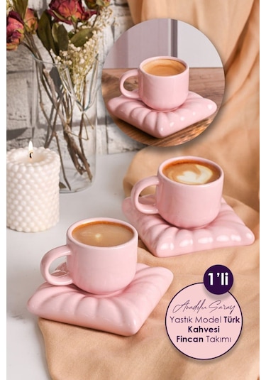 1 Adet El Yapımı Seramik Pembe Yastık Minder Model Handmade Türk Kahvesi Fincan Seti 90 ML