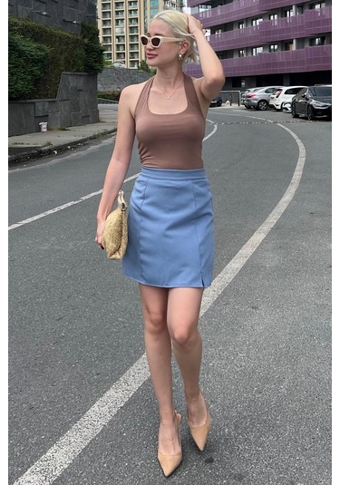 Madmext Mavi Yüksek Bel Önden Yırtmaçlı Kısa Etek Mg2086 Mavi