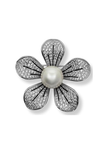 Oya Silver Taşlı İncili Gümüş Çiçek Broş 3.5x3.5 Cm Oya-mu566