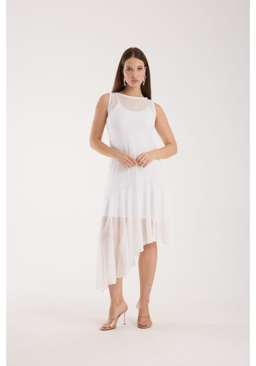 Eteği Volanlı Uzun Elbise Kırık Beyaz