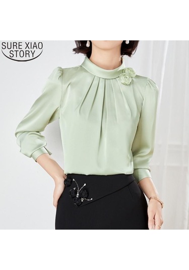 Zarif Ofis Kadın Çiçek Dekorasyon Saten Bluz Şifon Gömlek Kadın Üstleri Sonbahar Standı Yaka Uzun Kollu Elbise 23174 Siyah