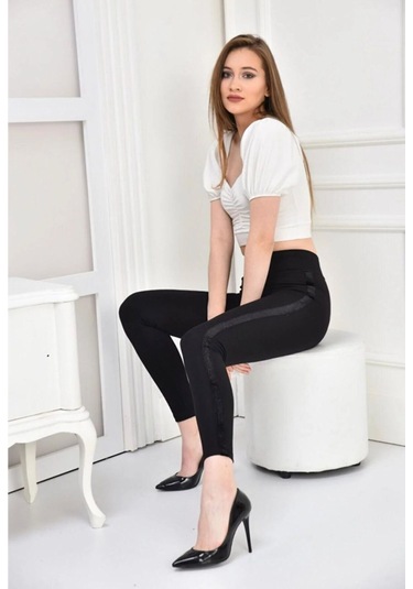 Kadın Siyah Simli Tek Şerit Toparlayıcı Yüksek Bel Tayt Siyah