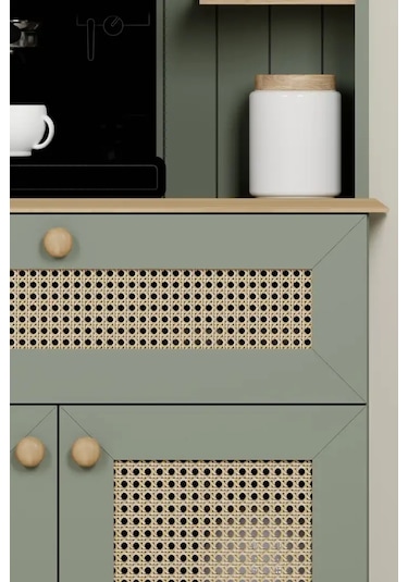 Lucas 2 Kapaklı Çekmeceli Pvc Hasır Desen Kahve Köşesi & Çok Amaçlı Mutfak Dolabı-açık Ceviz & Yeşil Yeşil