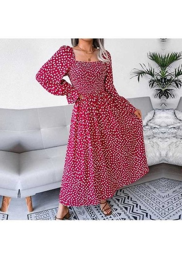 Novahub Sonbahar-kış Kare Yaka Uzun Kollu A-line Pileli Elbise Kırmızı S-xl Kadın Giyim Kırmızı