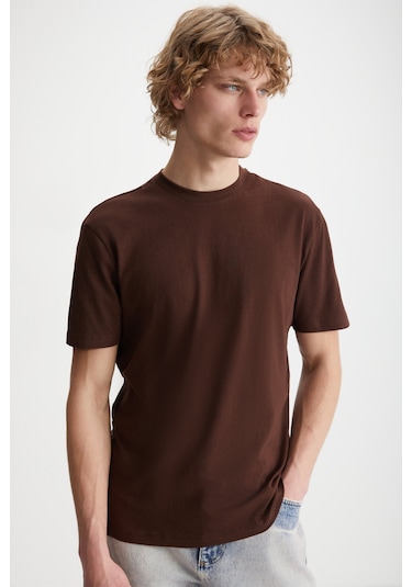 Mıchel Erkek Slim Fit Dar Kesim %100 Organik Pamuklu Yana Kayan Dikişli Basic Örme Acı Kahve T-shir