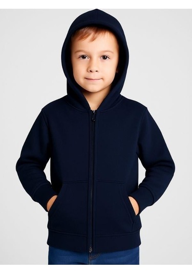 Çocuk Fermuarlı İnce Mevsimlik Basic Kapüşonlu Okul Hırkası-16092 Lacivert