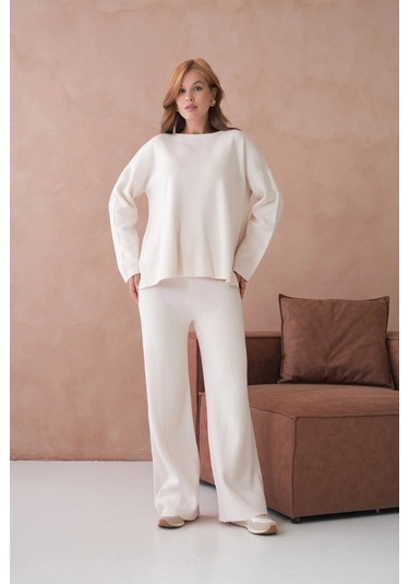 Kadın Bisiklet Yaka Düşük Kol Kazak Pantolon İkili Triko Takım Taş