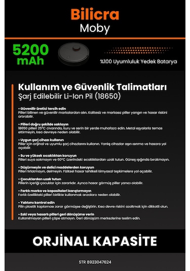 Bilicra Moby Akıllı Robot Süpürge Uyumlu Batarya 5200 Mah