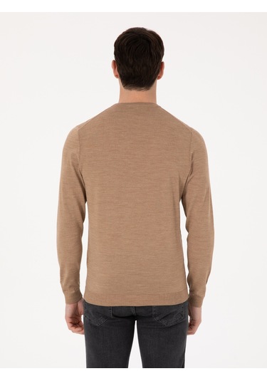Cacharel Camel Slim Fit Yün Karışımlı Bisiklet Yaka Basic Triko Kazak Kahverengi