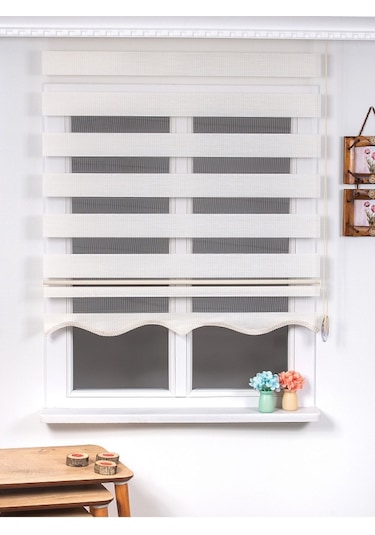 Ekru R-18 Bambu Zebra Stor Güneşlik Perde Etek Dilimli Alüminmyumkasa Ekru