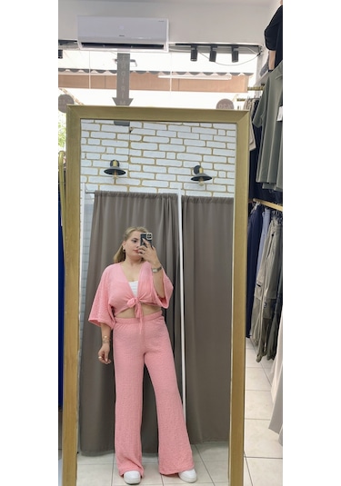 Tuba Toptaş Bağlamalı Gofre Bluz Pembe