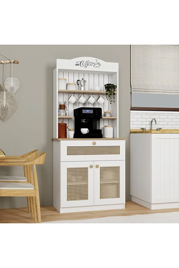 Lucas 2 Kapaklı Çekmeceli Sarı Hasır Desen Kahve Köşesi Çok Amaçlı Mutfak Dolabı-açık Ceviz & Beyaz Beyaz - Açık Ceviz