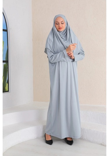 Tek Parça Namaz Elbisesi Gümüş Gri-21002 Gül Kurusu