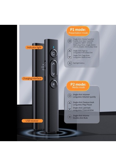 Novahub Kablosuz Sunum Medya Kumandası 2.4ghz Rf, Kırmızı Işık, Geniş Uyumluluk Optik, Siyah, 140x22x12mm Optik