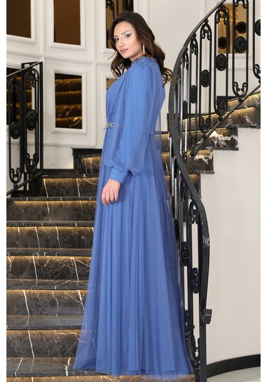 Senna Taş Detaylı Büyük Beden Şık Tesettür Abiye İndigo