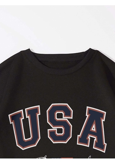 Unisex Oversize Siyah The Usa Baskılı Bisiklet Yaka Sweatshirt Koyu Siyah
