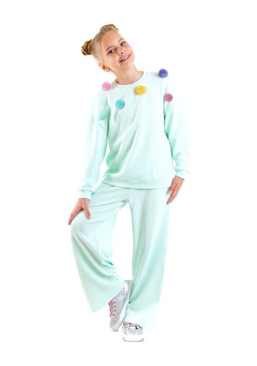 Denokids Kız Çocuk Ponponlu Kız Çocuk Eşofman Takımı - Mint Yeşili
