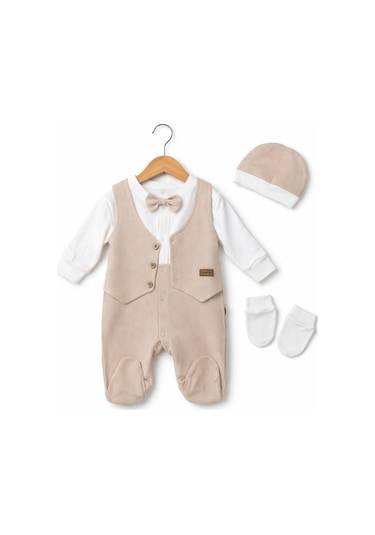 Işıl Baby Papyonlu Yelekli Erkek Bebek Tulum Takım Bej