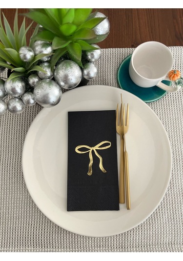 Gold Yaldızlı Siyah Fiyonk Baskılı Garson Katlama Peçete 16 Adet