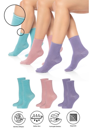 Bambu Kadın Lastiksiz Pembe-lila-suyeşil Soket Dikişsiz Çorap 3lü Çok Renkli