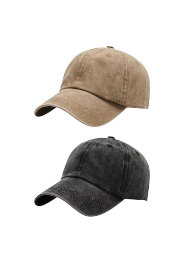 Tezzgelsin Unisex Eskitme Vintage %100 Pamuklu Ayarlanabilir Beyzbol Kep Şapka 2'li Set Camel - Siyah
