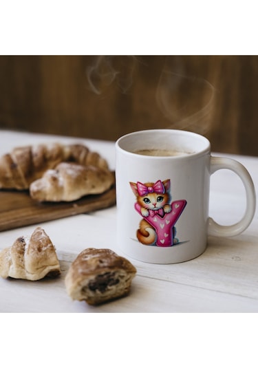 Y Harfli Bardak, Sevimli Kedili Pembe Tasarım Bardak, Arkadaşa Aileye Hediye Porselen Beyaz